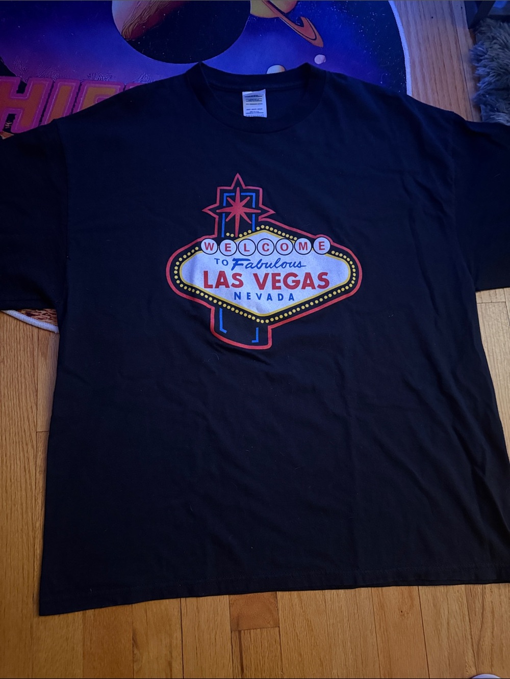 Gildan Black T‑Shirt with Red, Yellow and Blue Las Vegas Sign Graphic